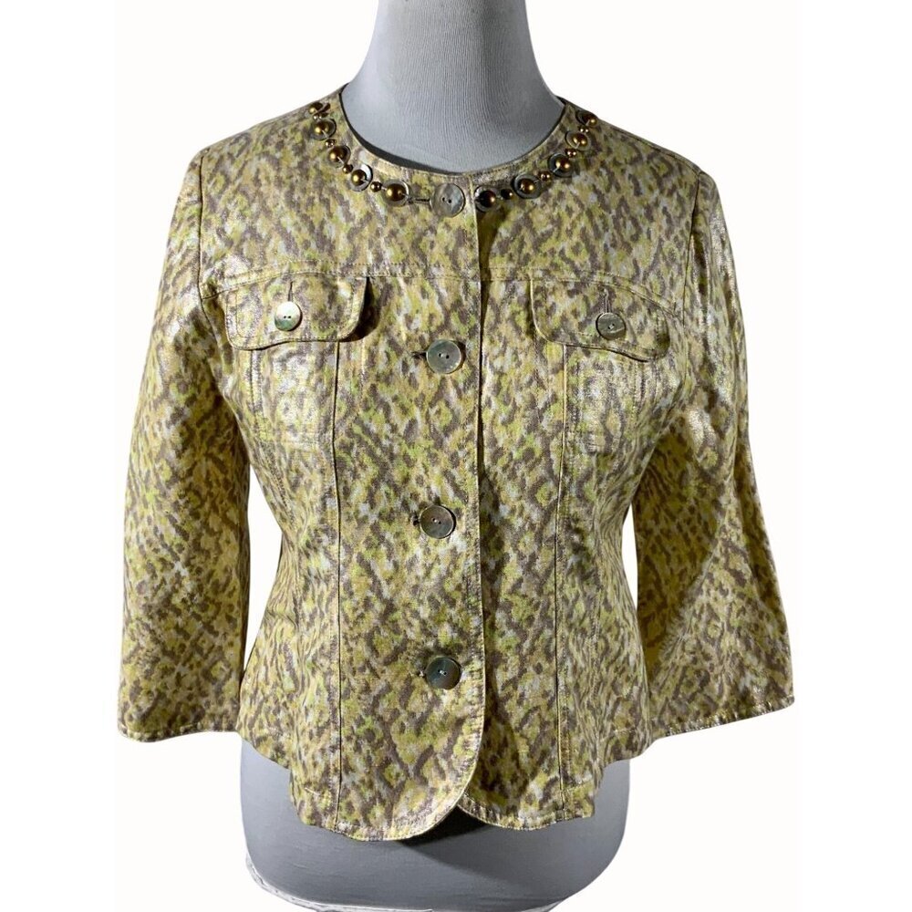 Ruby Rd Petite Tan Animal Print Quarter Sleeve Embellished Linen Blend Top 10P